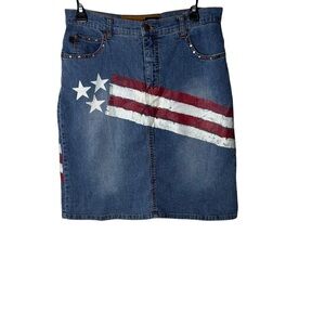 Y2K Moto Blue painted and embellished patriotic denim midi skirt